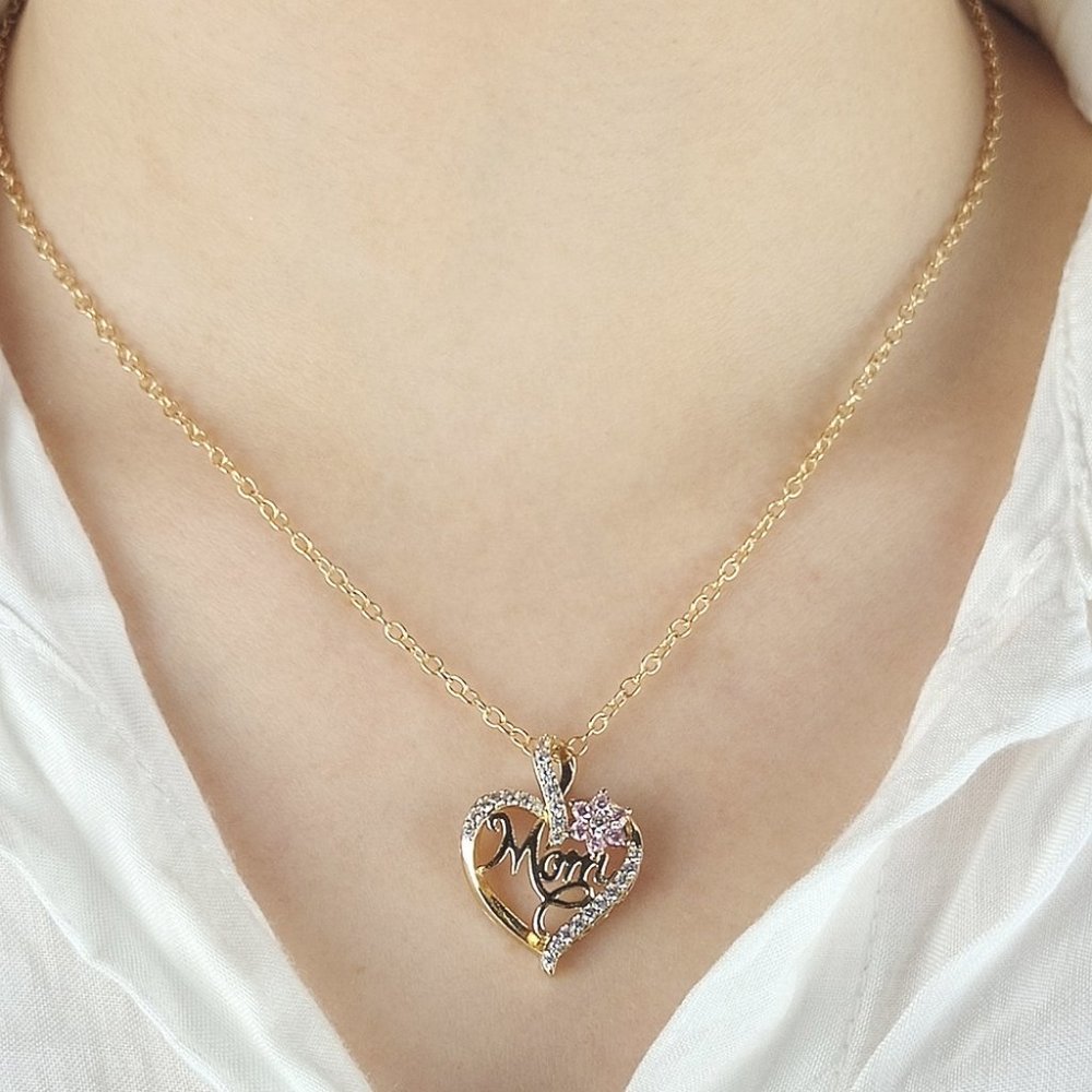 "Mom" Open Heart Flower Rhinestone Necklace - Picture 2 of 4